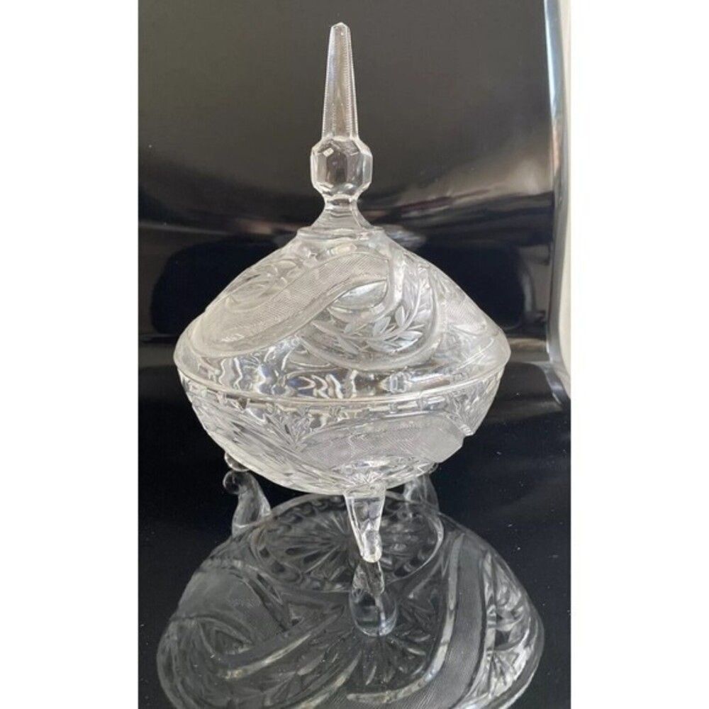 VTG Crystal Heavy 3 Toed Footed Candy Dish w Lid Spire Top